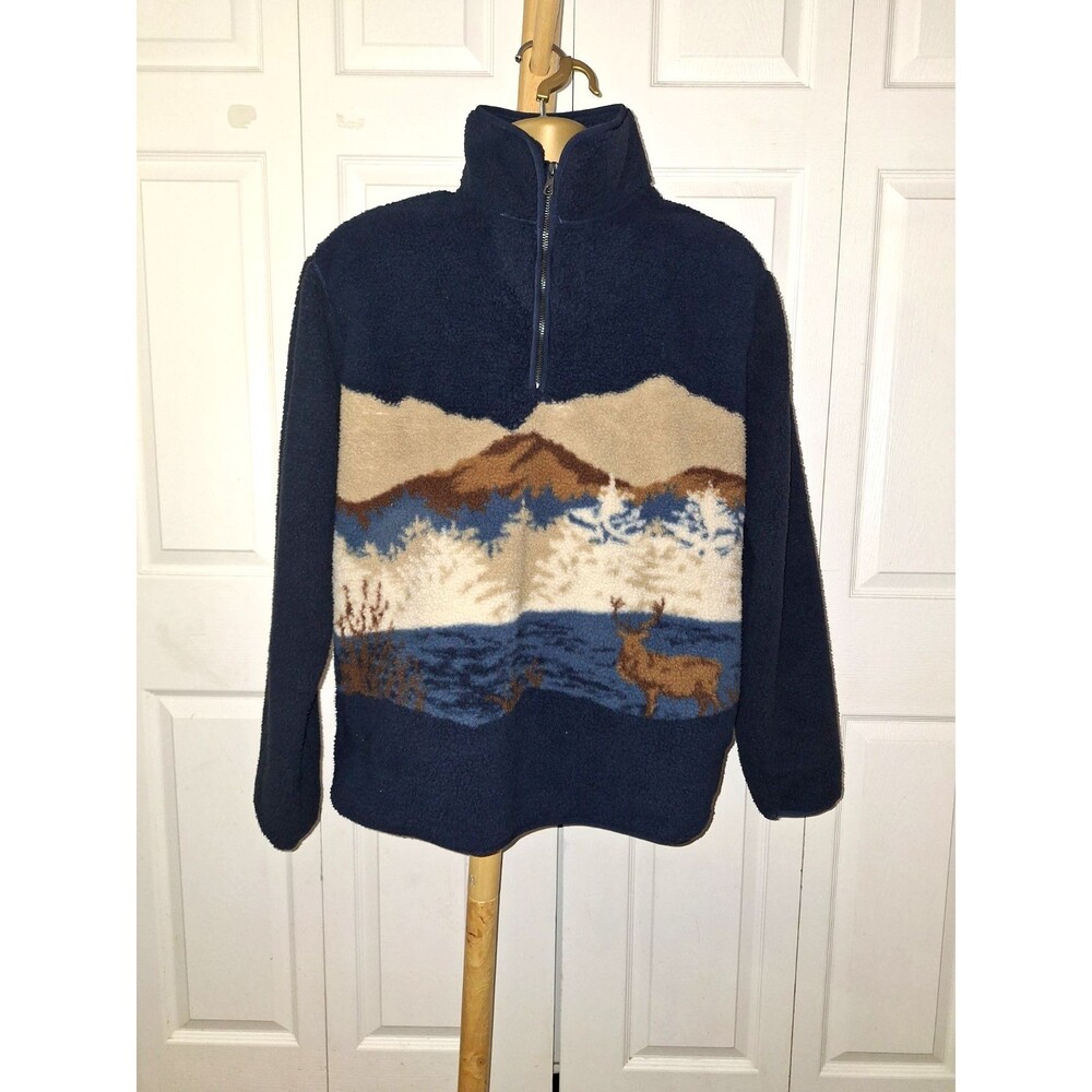 Old Navy Fleece 1/4 Zip Sherpa Mountain Reindeer Pullover Large Graphic Seasonal